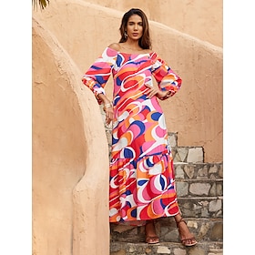 Geometric Curve Off Shoulder Puff Sleeve Dress