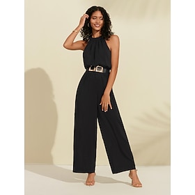 Women's Black Chiffon Halter Waisted Jumpsuit (Belt Included)