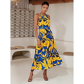 Women's Midi Dress Midi Dress Yellow Green Sleeveless Floral Belted Printing Spring Summer High Neck Pattern Dress S M L